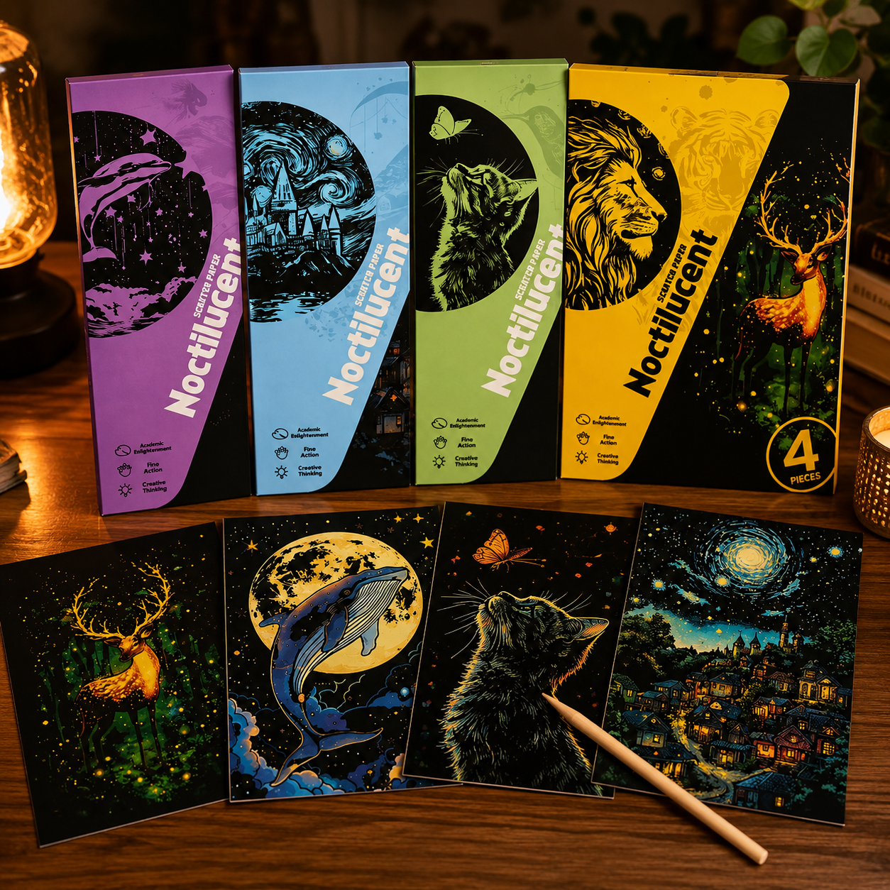 Glow-in-the-Dark Scratch Art Cards Set – 4 Animal & Night Sky Designs with Wooden Stylus for Kids & Adults
