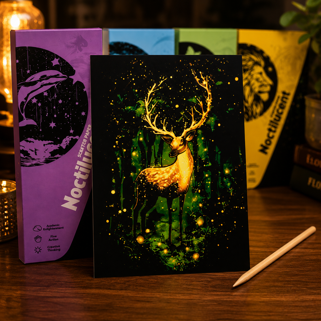 Glow-in-the-Dark Scratch Art Cards Set – 4 Animal & Night Sky Designs with Wooden Stylus for Kids & Adults