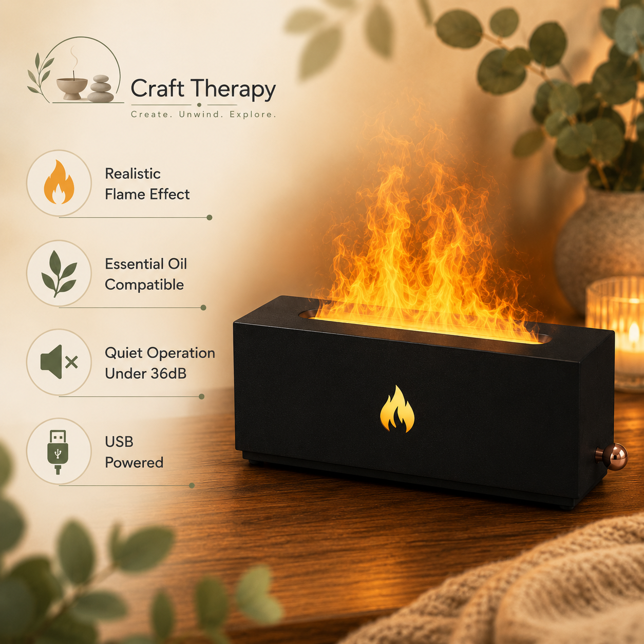 Flame Effect Aromatherapy Diffuser | Essential Oil Humidifier with Ambient Flame Light