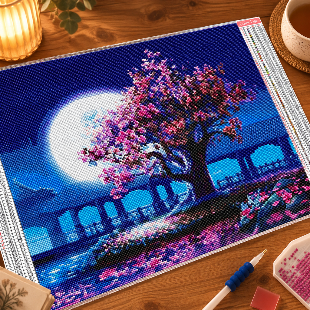 Moonlit Sakura Landscape Diamond Painting Kit | 5D Crystal Art Canvas