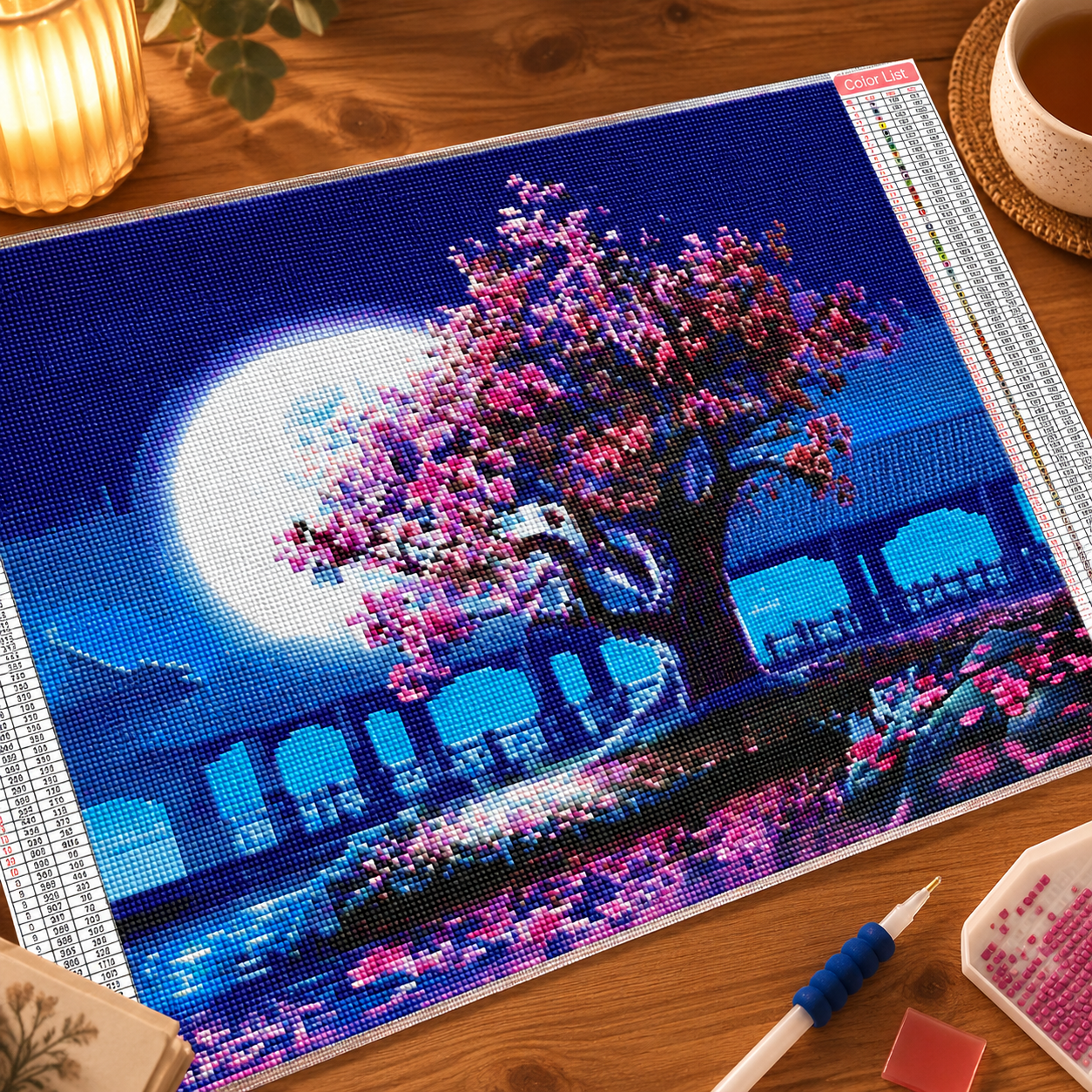 Moonlit Sakura Landscape Diamond Painting Kit | 5D Crystal Art Canvas