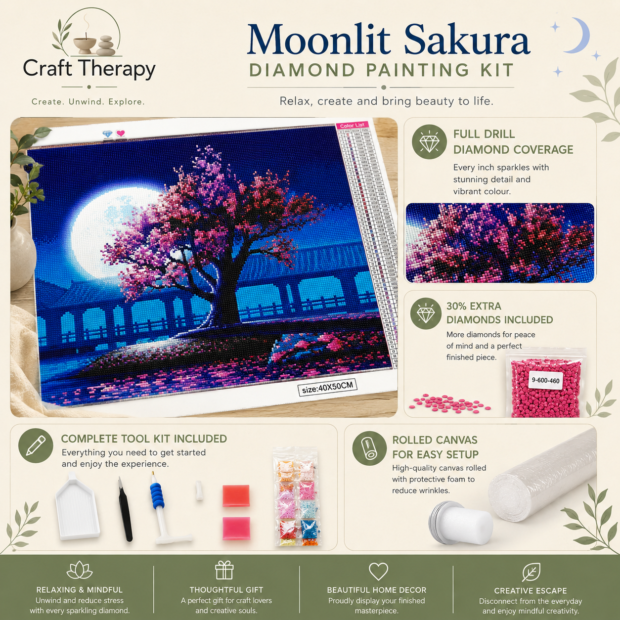 Moonlit Sakura Landscape Diamond Painting Kit | 5D Crystal Art Canvas
