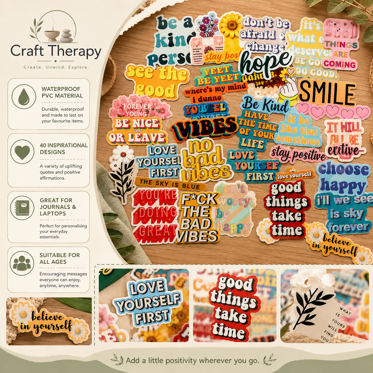 Inspirational Positivity Sticker Pack | 40 Waterproof Motivational Vinyl Stickers