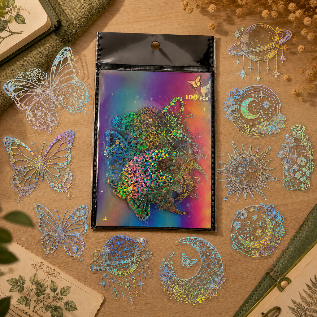 Holographic Transparent Sticker Pack | Butterfly & Planet Laser Stickers (100 Pieces)