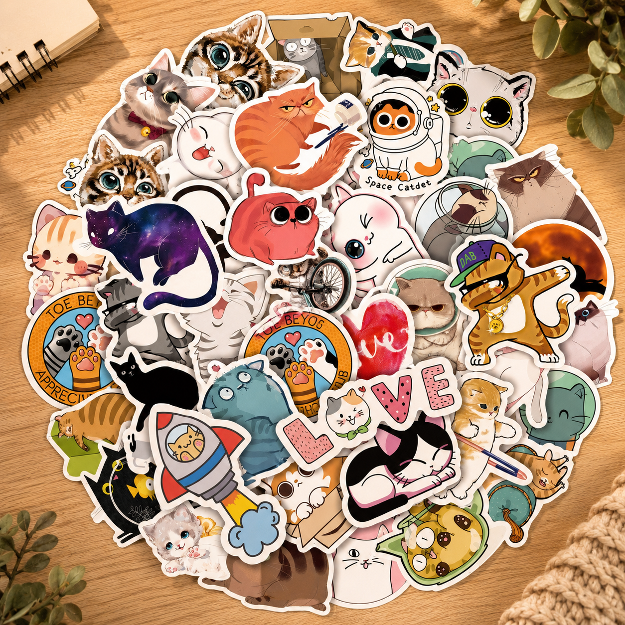 Cute Cat Adventure Waterproof Sticker Pack | 50-Piece Vinyl Sticker Set