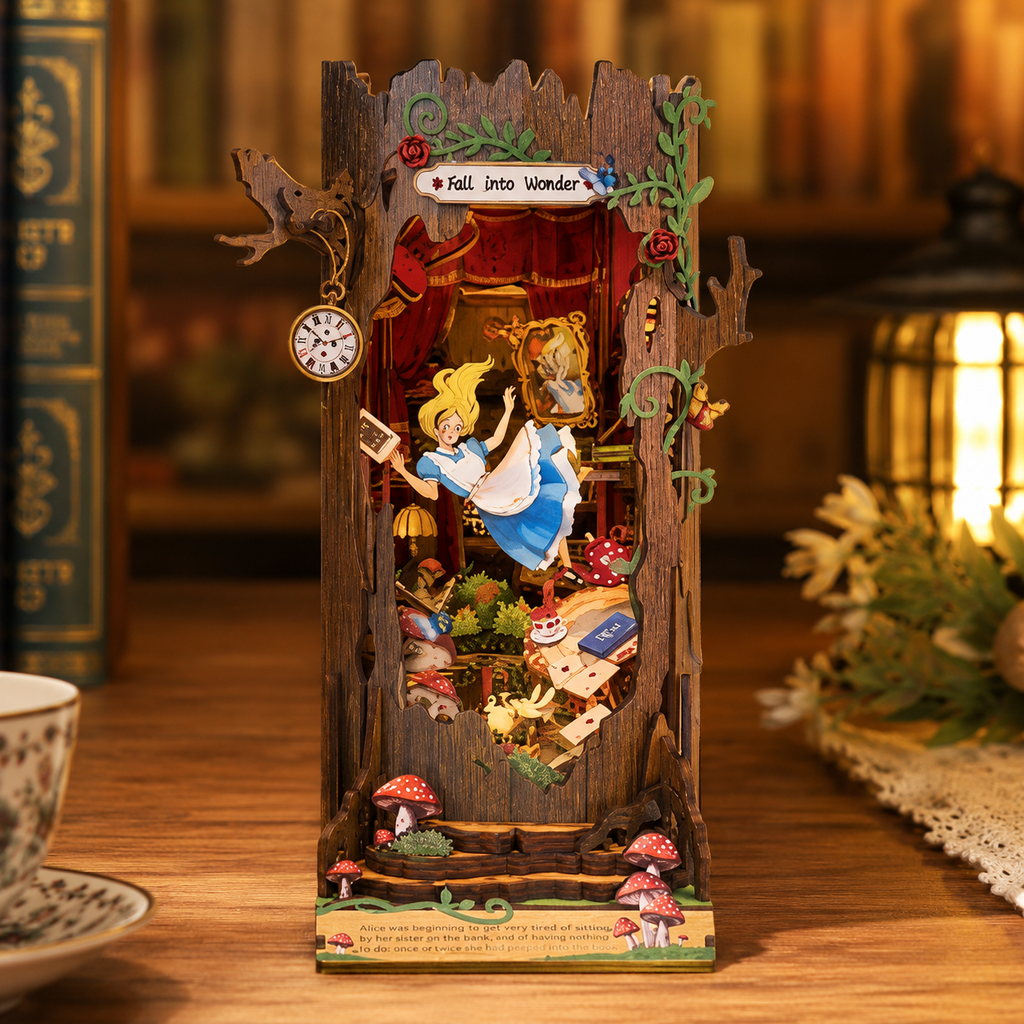 CuteBee Alice Falls Into Wonderland DIY Book Nook Kit | LED Wooden Miniature Bookshelf Insert