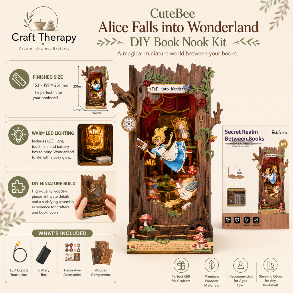 CuteBee Alice Falls Into Wonderland DIY Book Nook Kit | LED Wooden Miniature Bookshelf Insert