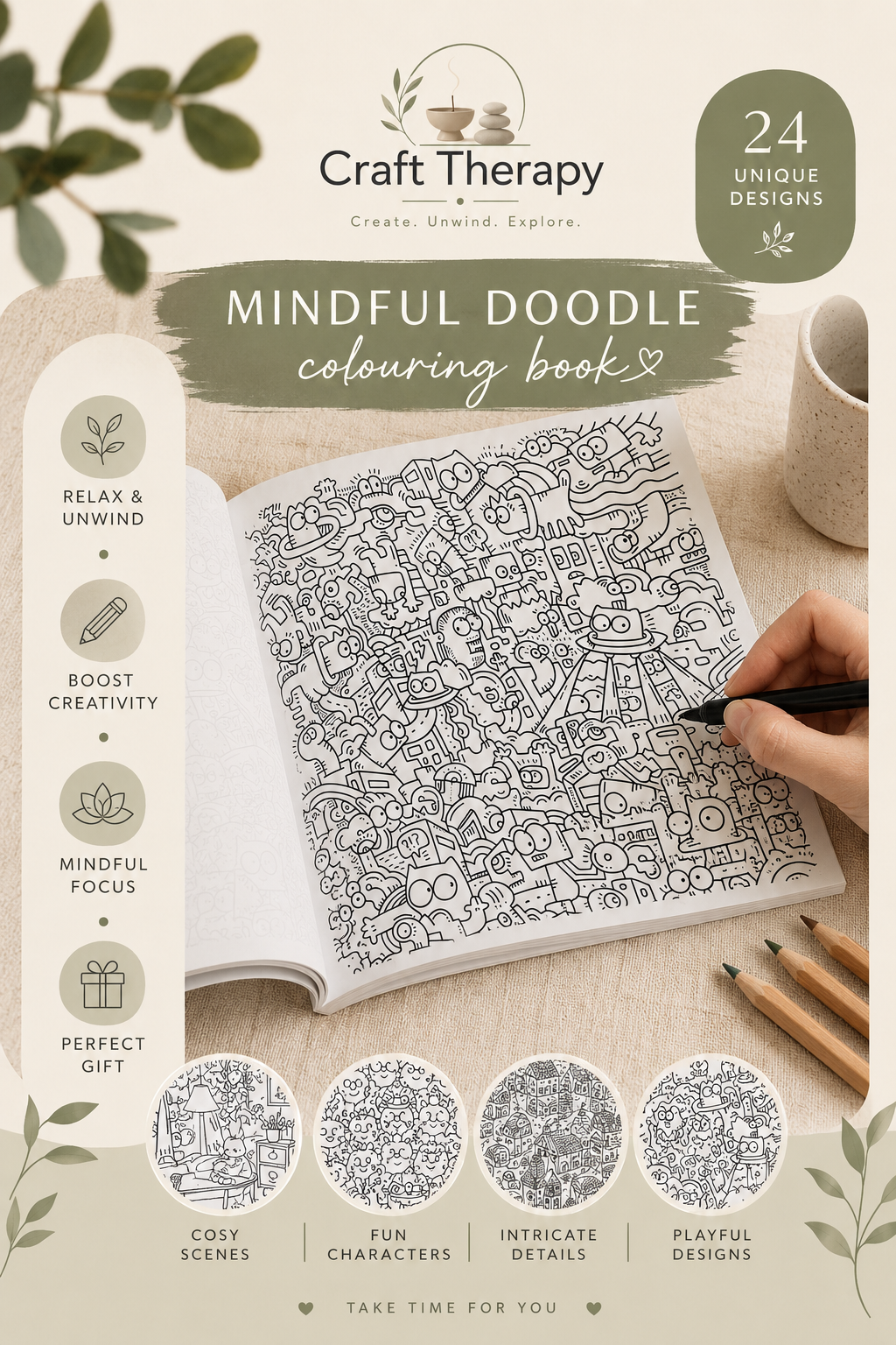 Mindful Doodle Colouring Book | 24 Intricate Patterns for Relaxation & Stress Relief