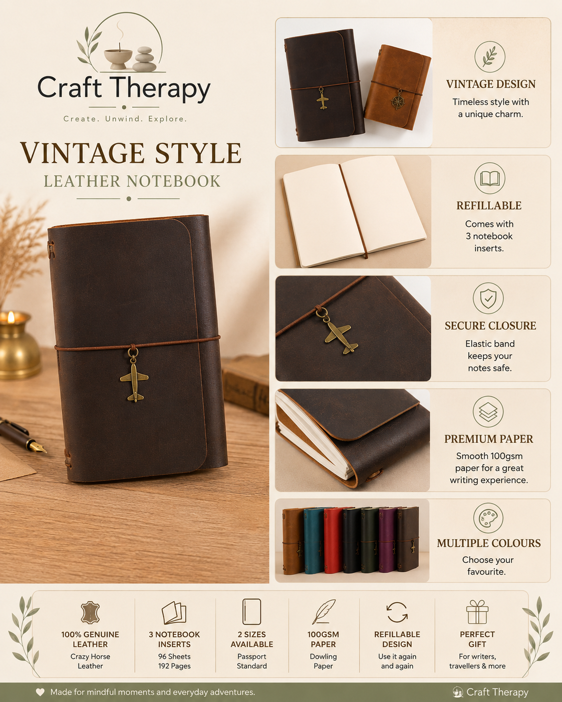 Vintage Genuine Leather Refillable Travel Journal | Handmade Crazy Horse Leather Notebook |  Back to School Gift