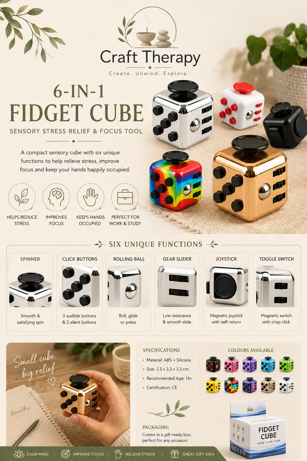 Fidget Cube Sensory Toy | 6-in-1 Stress Relief Desk Fidget for Adults, Teens & Kids