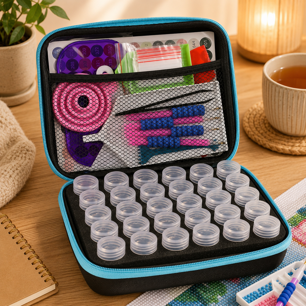 Diamond Painting Storage Case & 30-Piece Tool Kit | Portable Diamond Art Organiser with 30 Storage Pots & Accessories