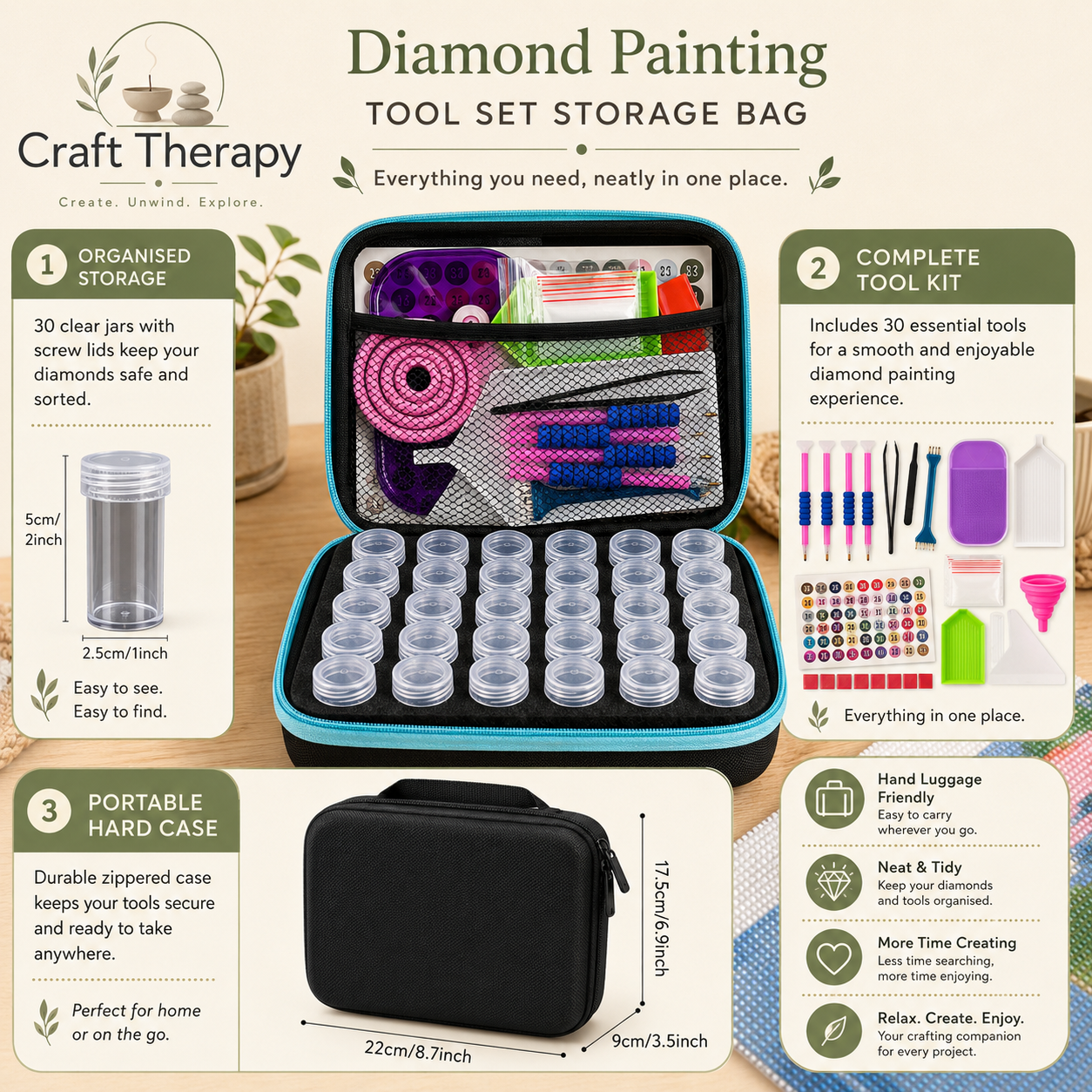 Diamond Painting Storage Case & 30-Piece Tool Kit | Portable Diamond Art Organiser with 30 Storage Pots & Accessories