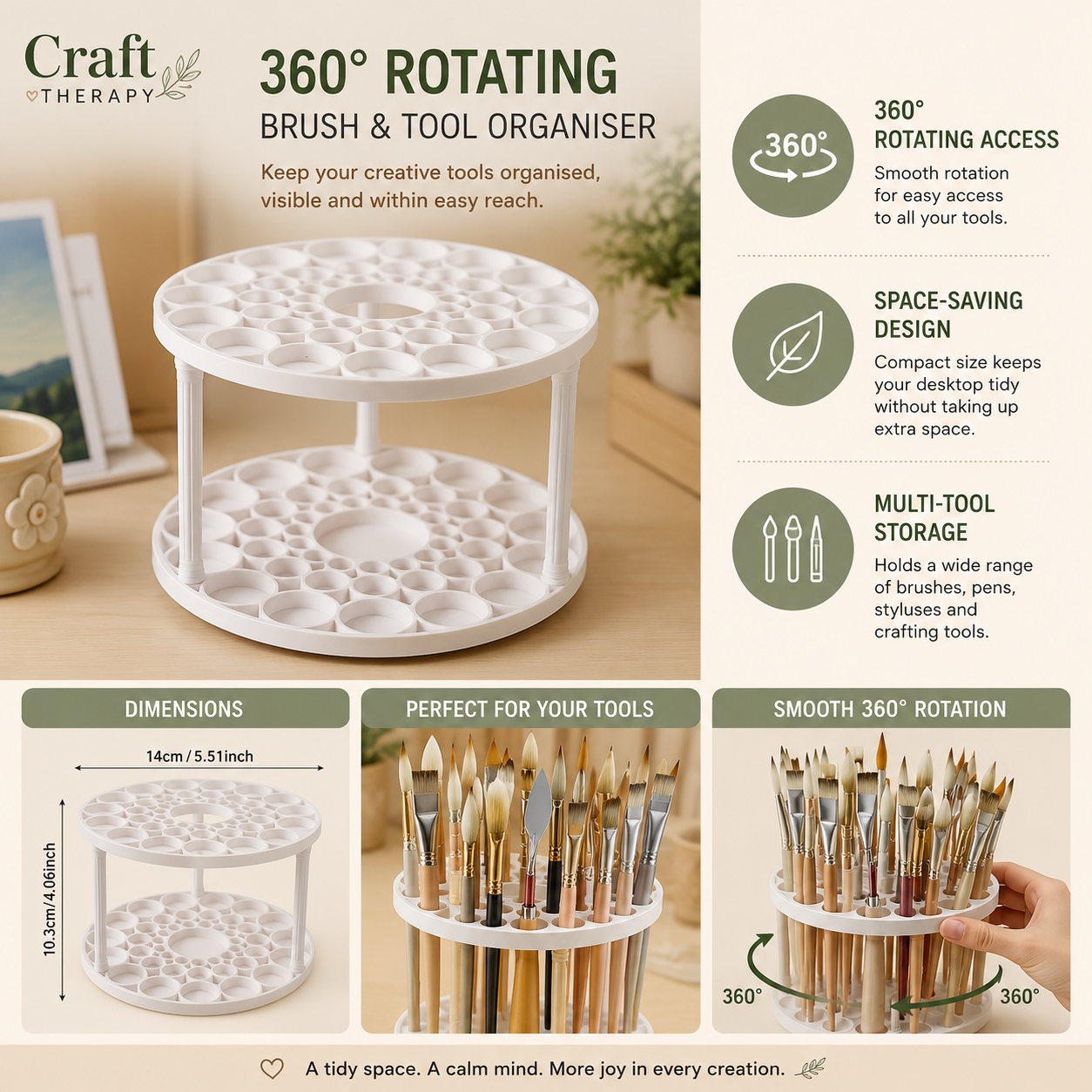 360° Rotating Art Brush & Tool Organiser | Desktop Storage Holder for Paint Brushes, Diamond Painting Pens & Craft Tools
