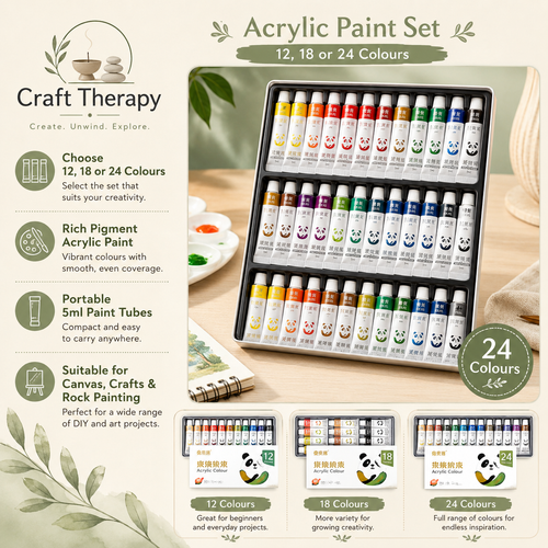 Acrylic Paint Set – 12, 18 or 24 Rich Pigment Colours for Canvas, Crafts, Rock Painting & DIY Art