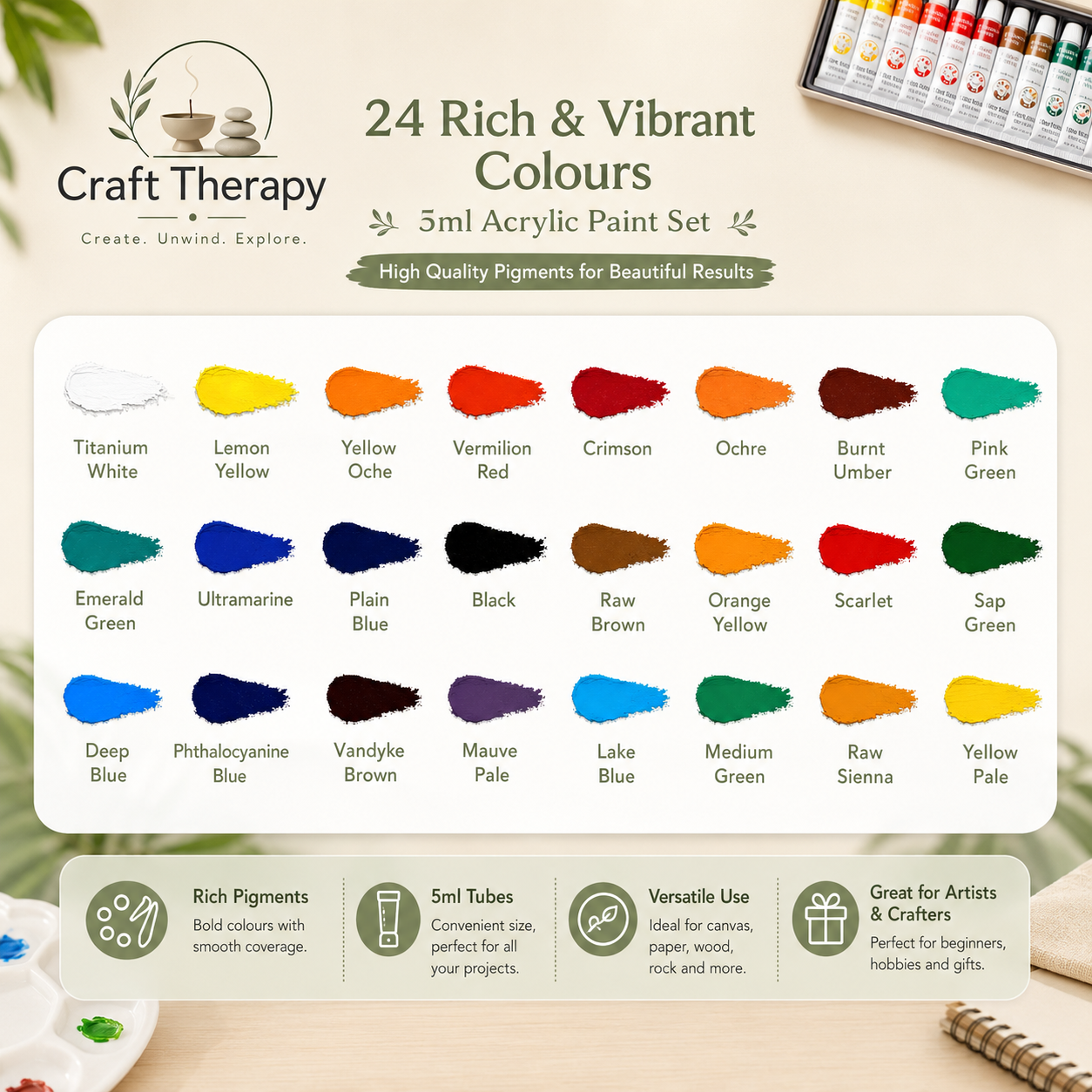 Acrylic Paint Set – 12, 18 or 24 Rich Pigment Colours for Canvas, Crafts, Rock Painting & DIY Art