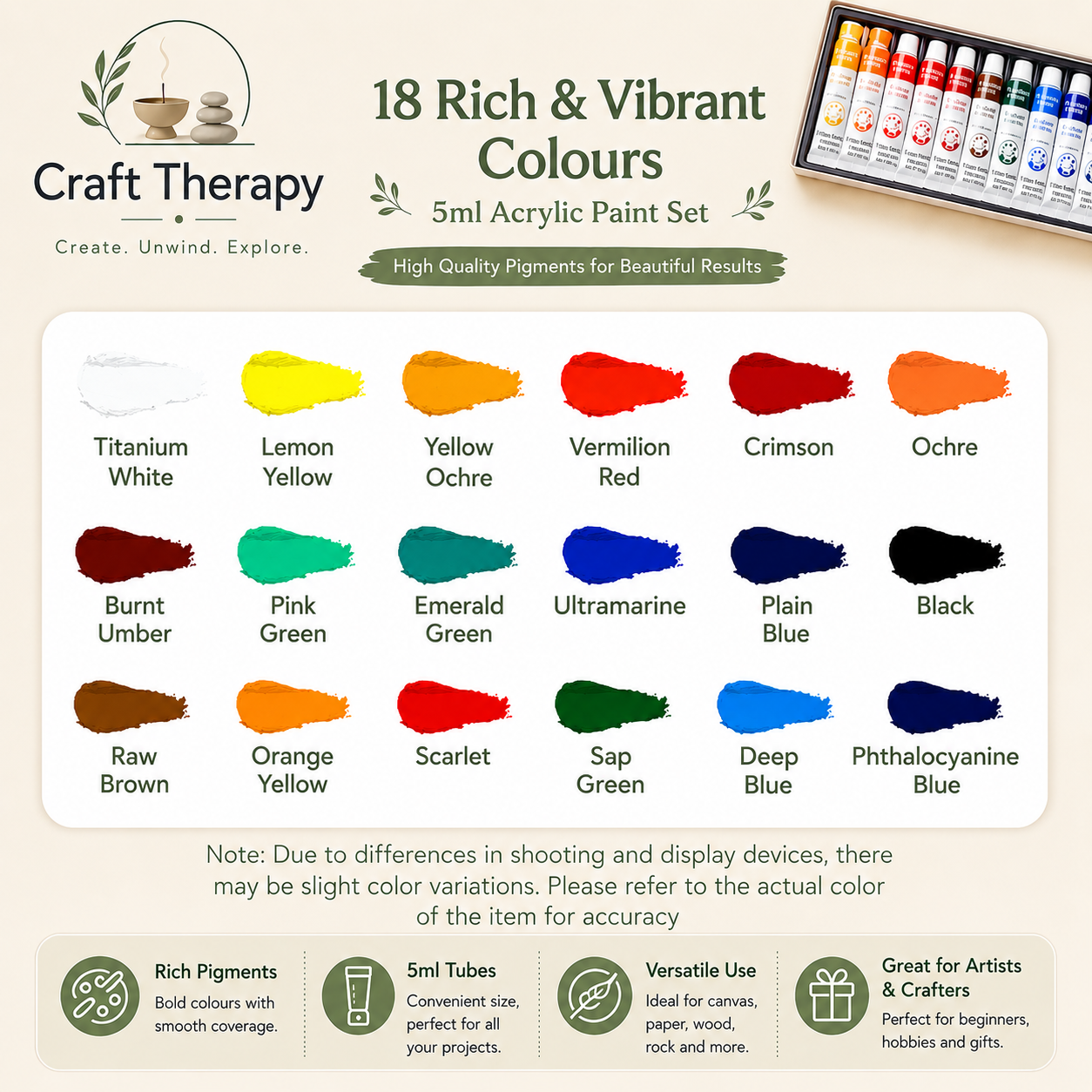 Acrylic Paint Set – 12, 18 or 24 Rich Pigment Colours for Canvas, Crafts, Rock Painting & DIY Art