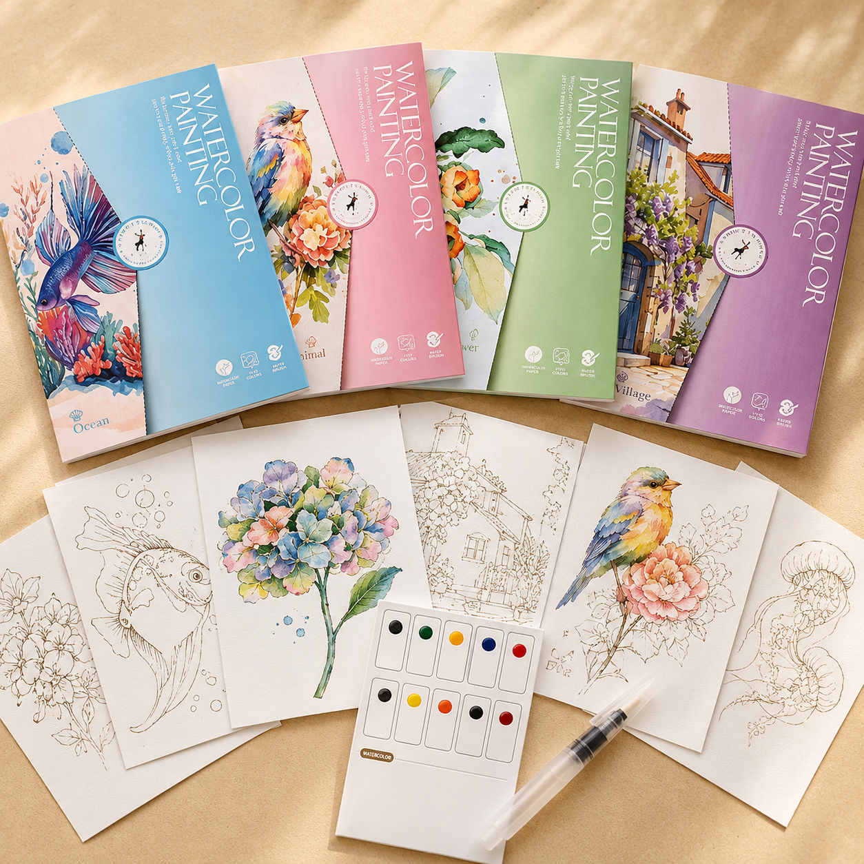 Watercolour Painting Book Kit with Water Brush Pen | Floral, Animal, Ocean & Village Themes