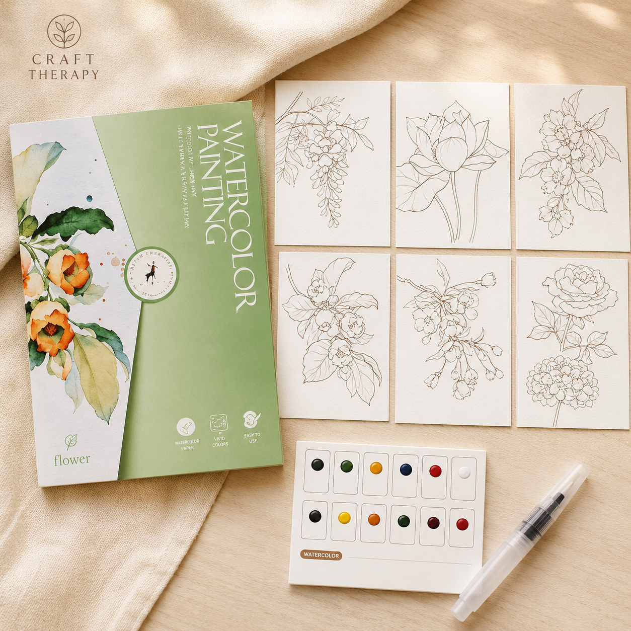 Watercolour Painting Book Kit with Water Brush Pen | Floral, Animal, Ocean & Village Themes