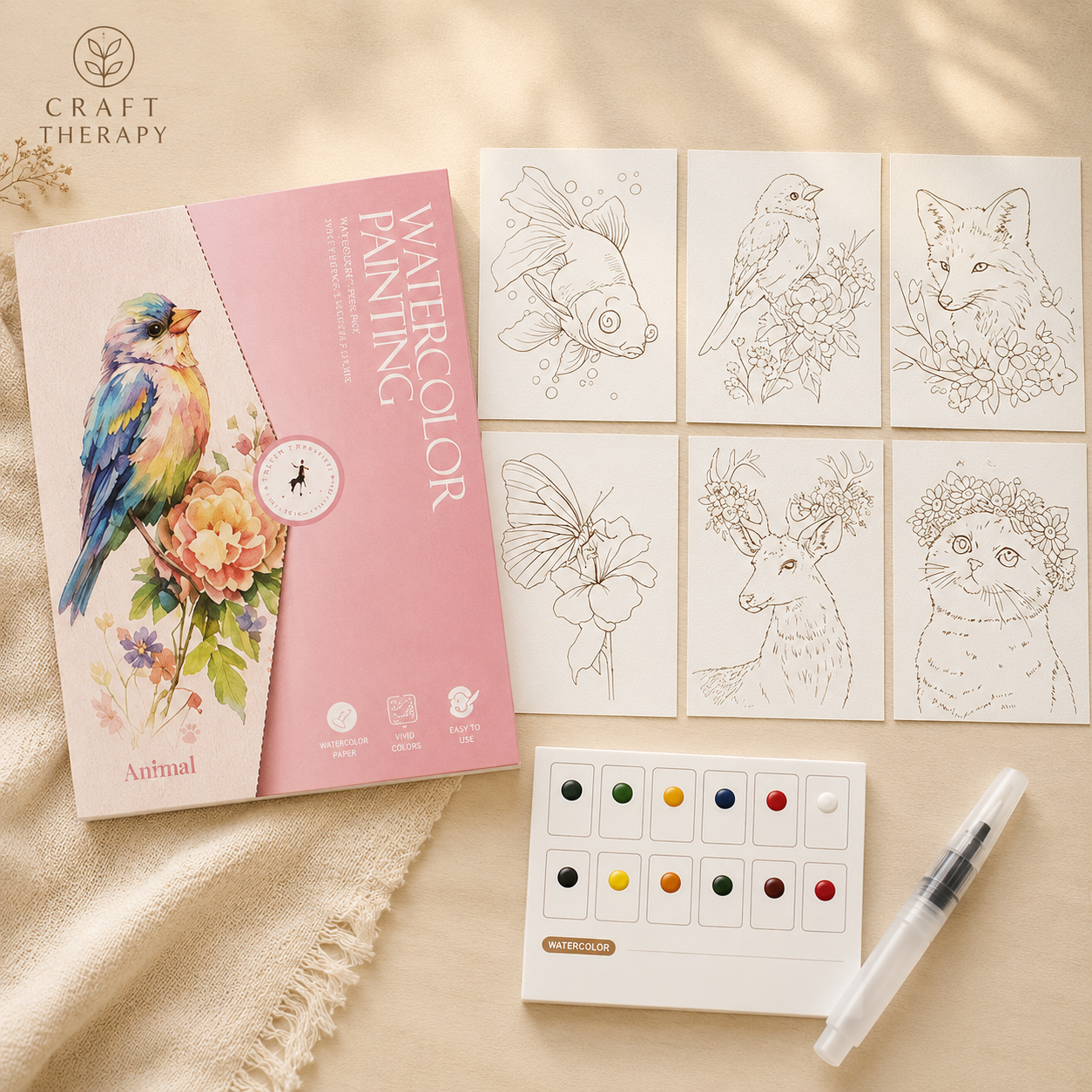 Watercolour Painting Book Kit with Water Brush Pen | Floral, Animal, Ocean & Village Themes