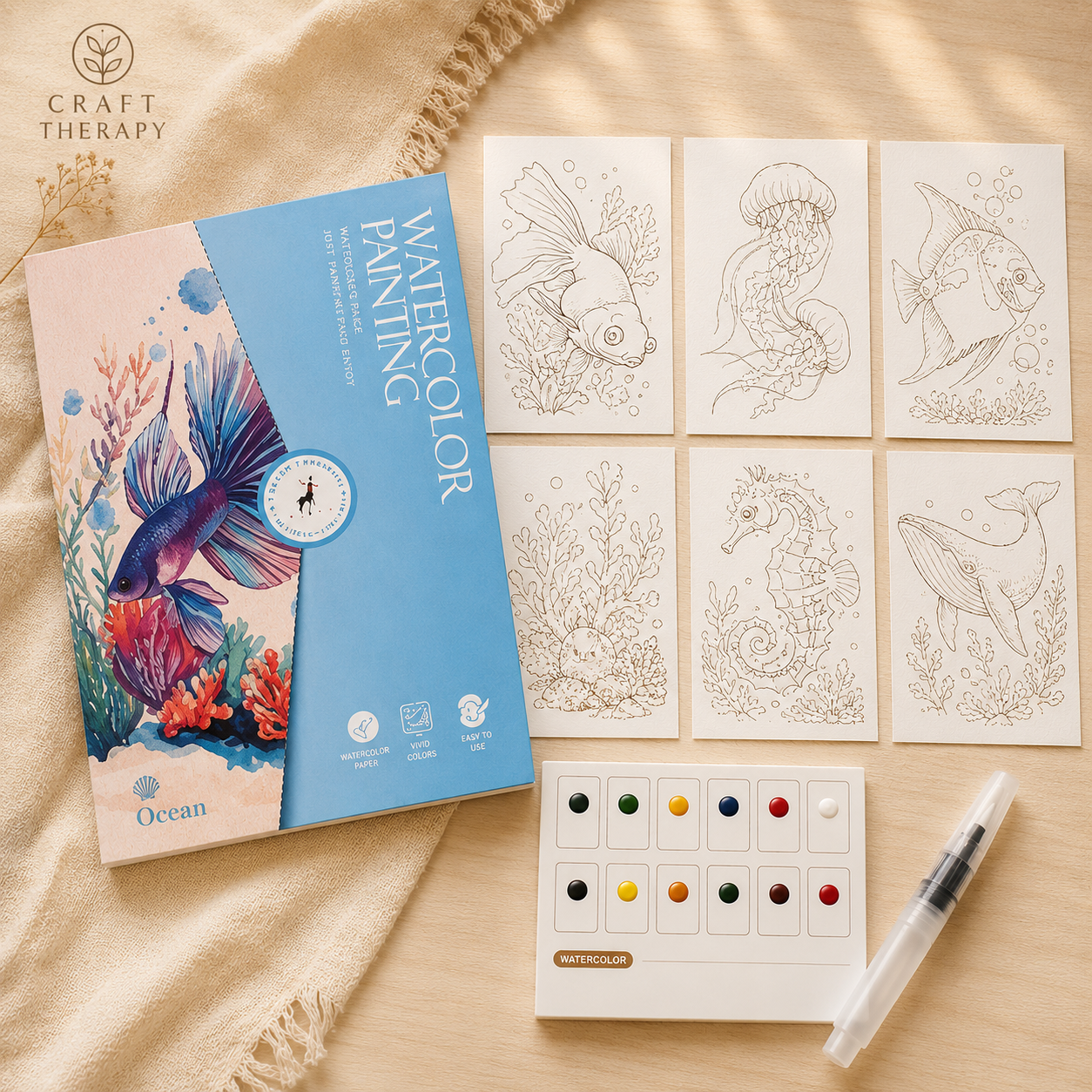 Watercolour Painting Book Kit with Water Brush Pen | Floral, Animal, Ocean & Village Themes