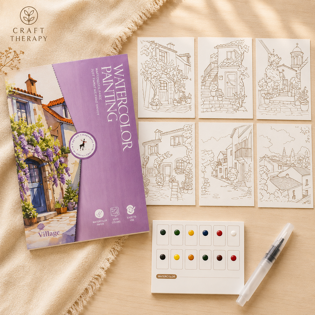 Watercolour Painting Book Kit with Water Brush Pen | Floral, Animal, Ocean & Village Themes