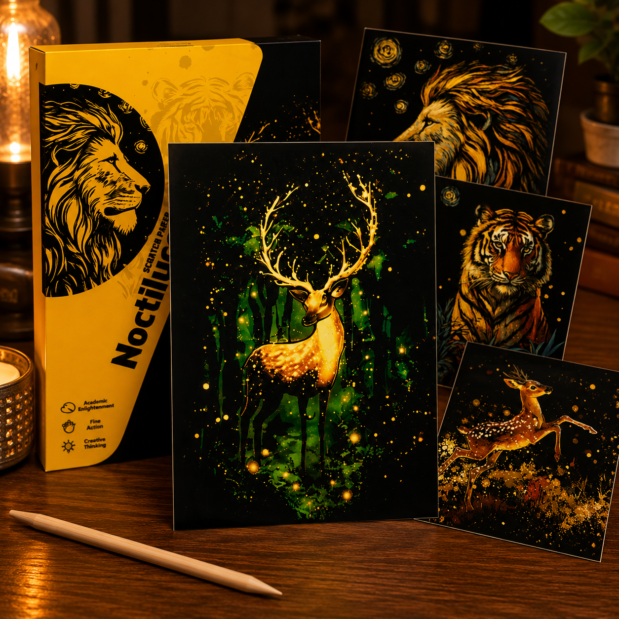 Glow-in-the-Dark Scratch Art Cards Set – 4 Animal & Night Sky Designs with Wooden Stylus for Kids & Adults
