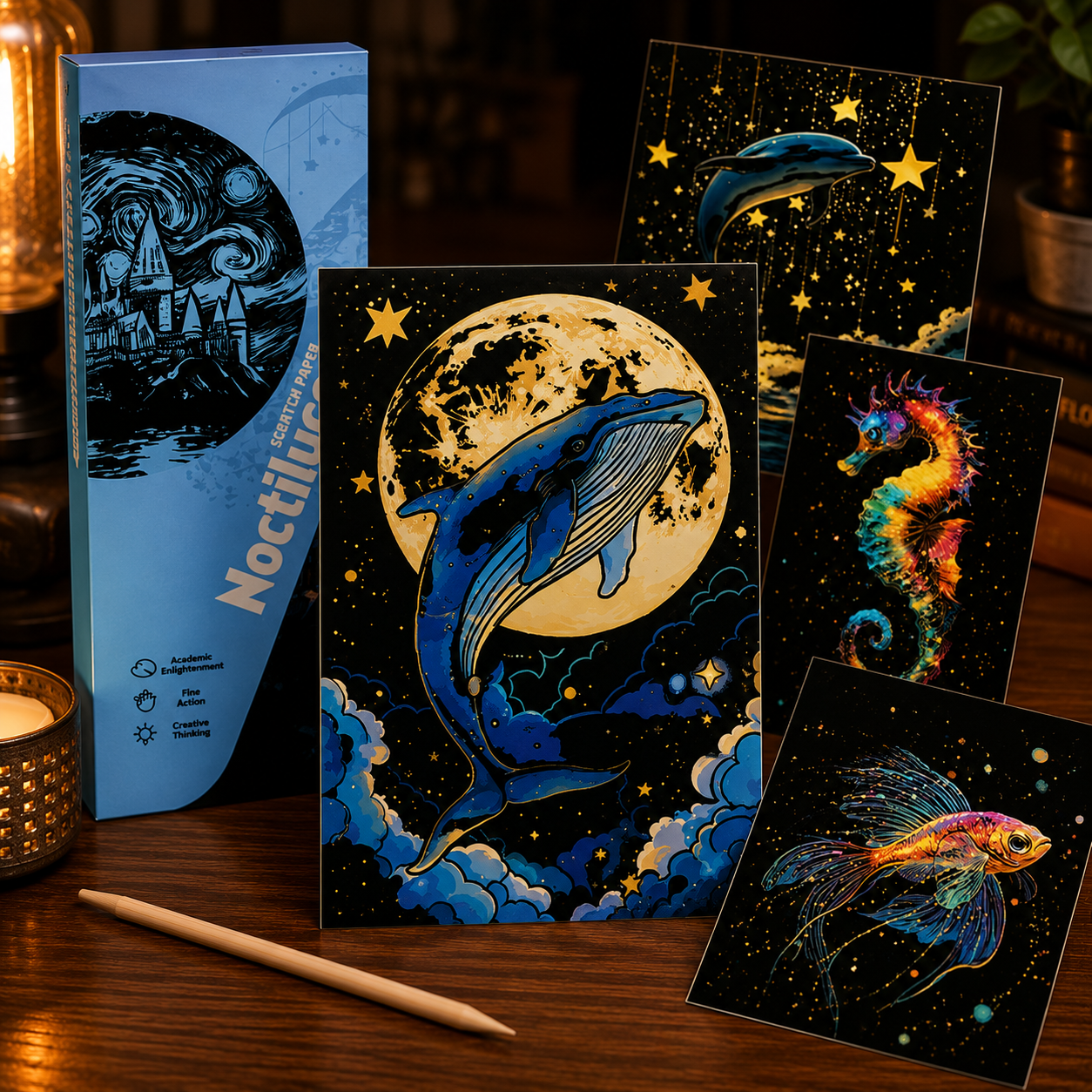 Glow-in-the-Dark Scratch Art Cards Set – 4 Animal & Night Sky Designs with Wooden Stylus for Kids & Adults