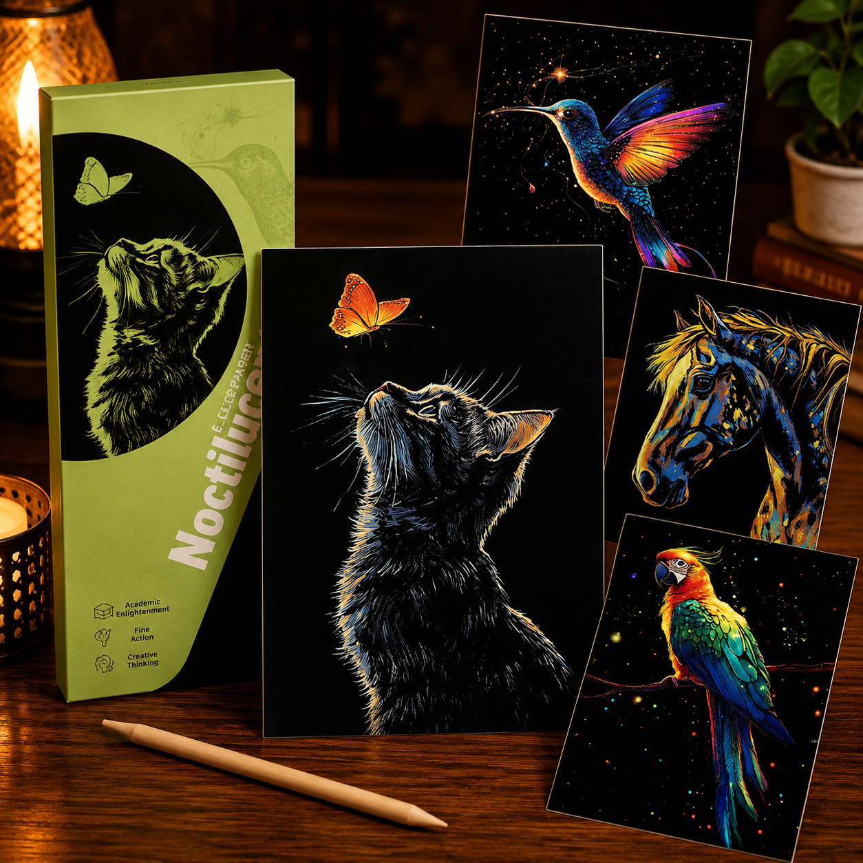 Glow-in-the-Dark Scratch Art Cards Set – 4 Animal & Night Sky Designs with Wooden Stylus for Kids & Adults
