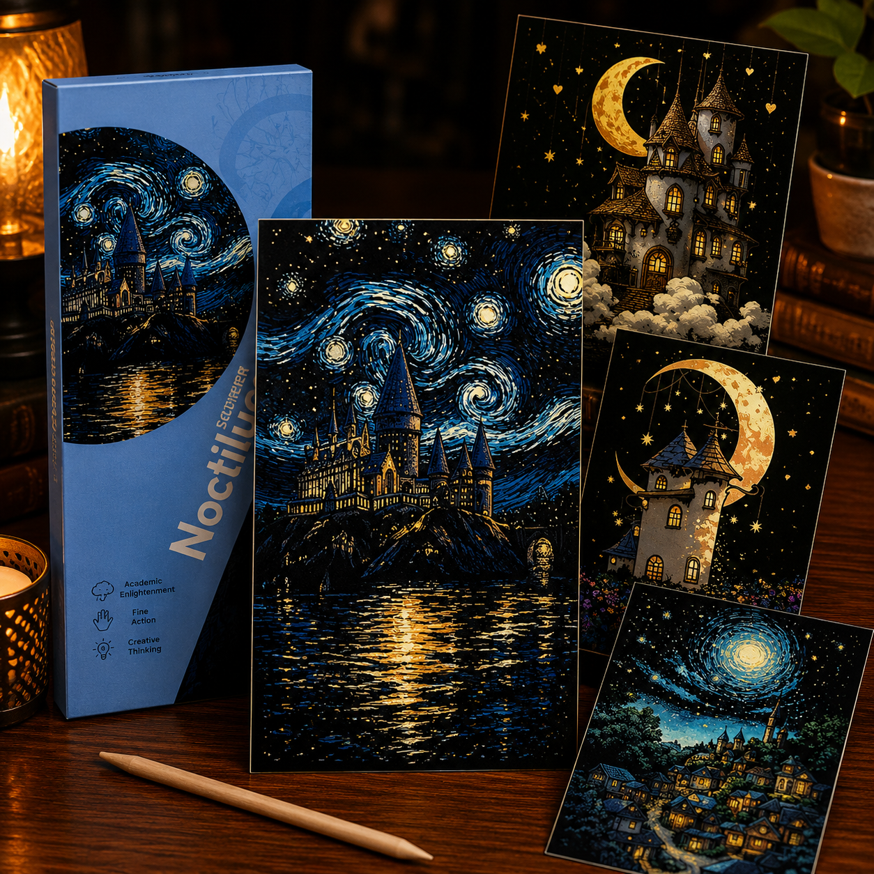 Glow-in-the-Dark Scratch Art Cards Set – 4 Animal & Night Sky Designs with Wooden Stylus for Kids & Adults