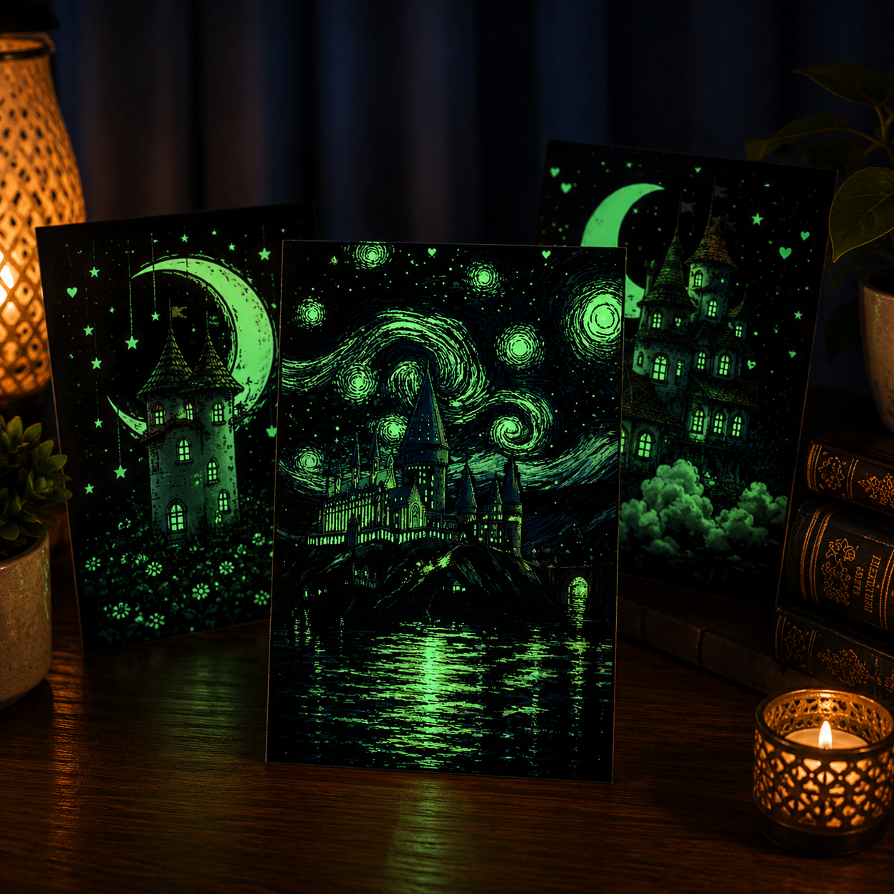 Glow-in-the-Dark Scratch Art Cards Set – 4 Animal & Night Sky Designs with Wooden Stylus for Kids & Adults
