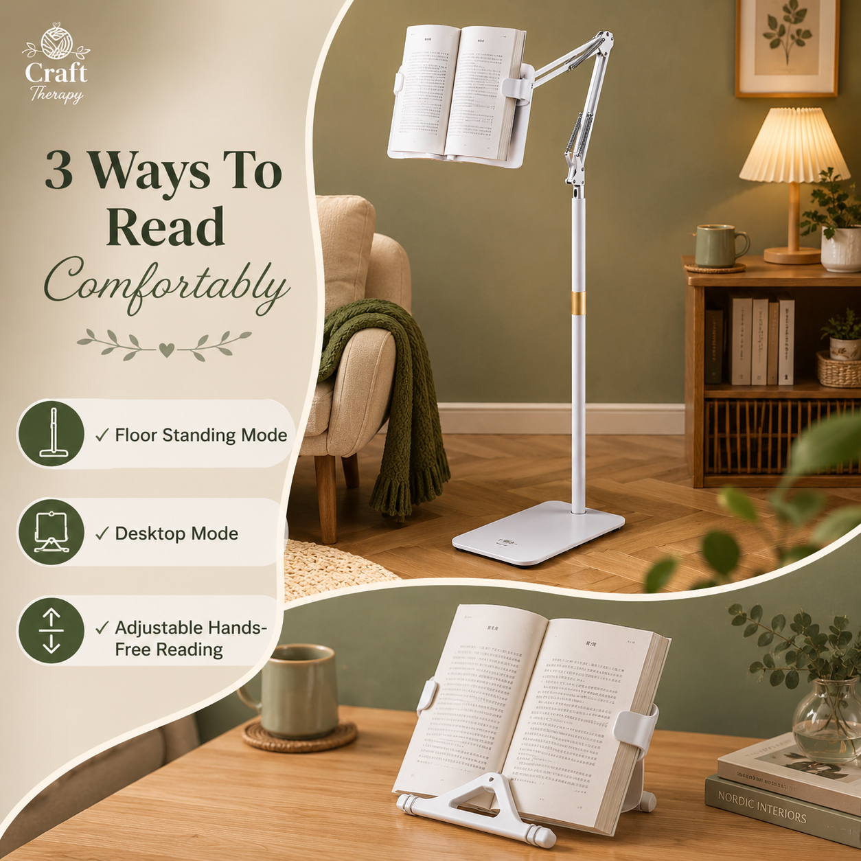Adjustable Reading Stand & Book Holder – Floor & Desk Mounted Hands-Free Reading Support