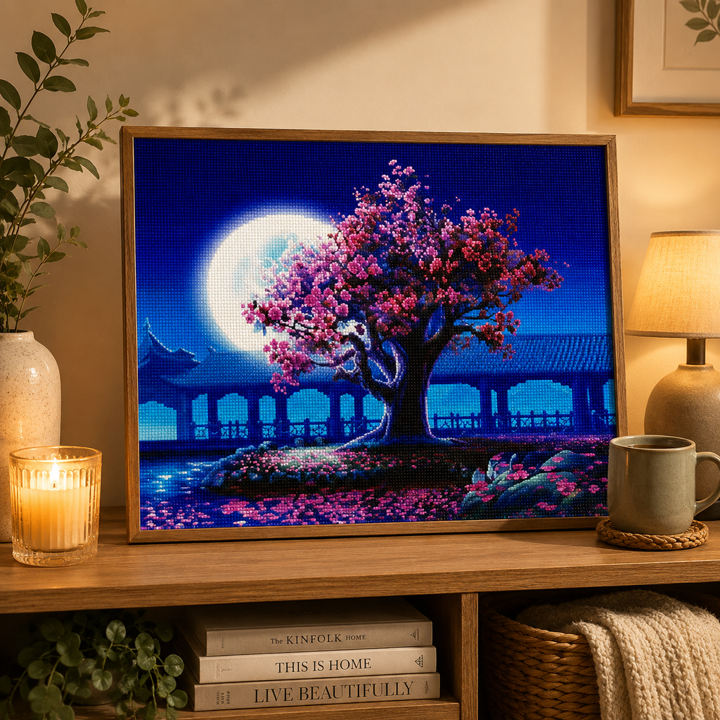 Moonlit Sakura Landscape Diamond Painting Kit | 5D Crystal Art Canvas