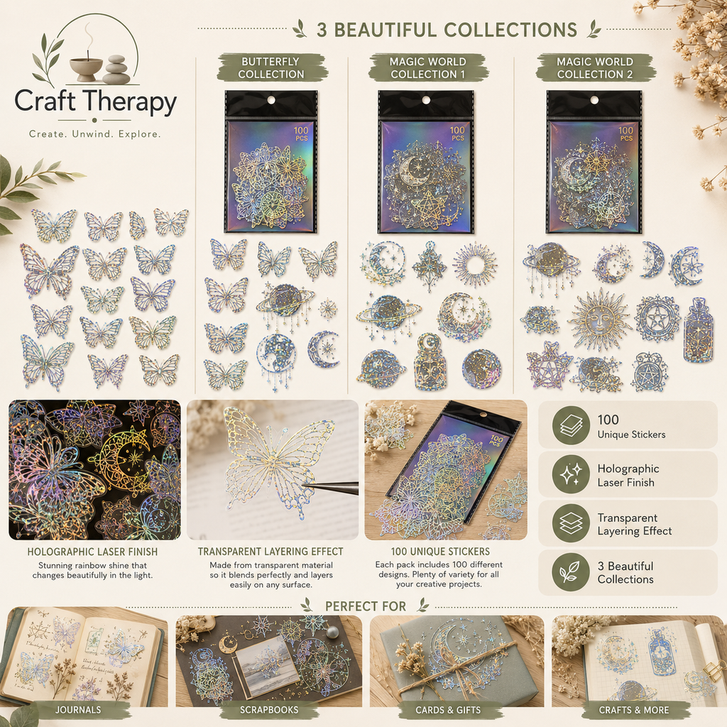 Holographic Transparent Sticker Pack | Butterfly & Planet Laser Stickers (100 Pieces)