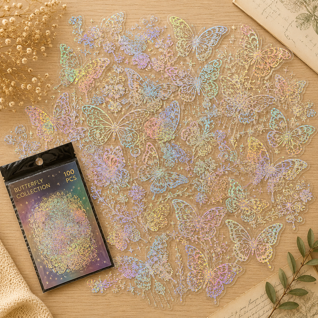 Holographic Transparent Sticker Pack | Butterfly & Planet Laser Stickers (100 Pieces)