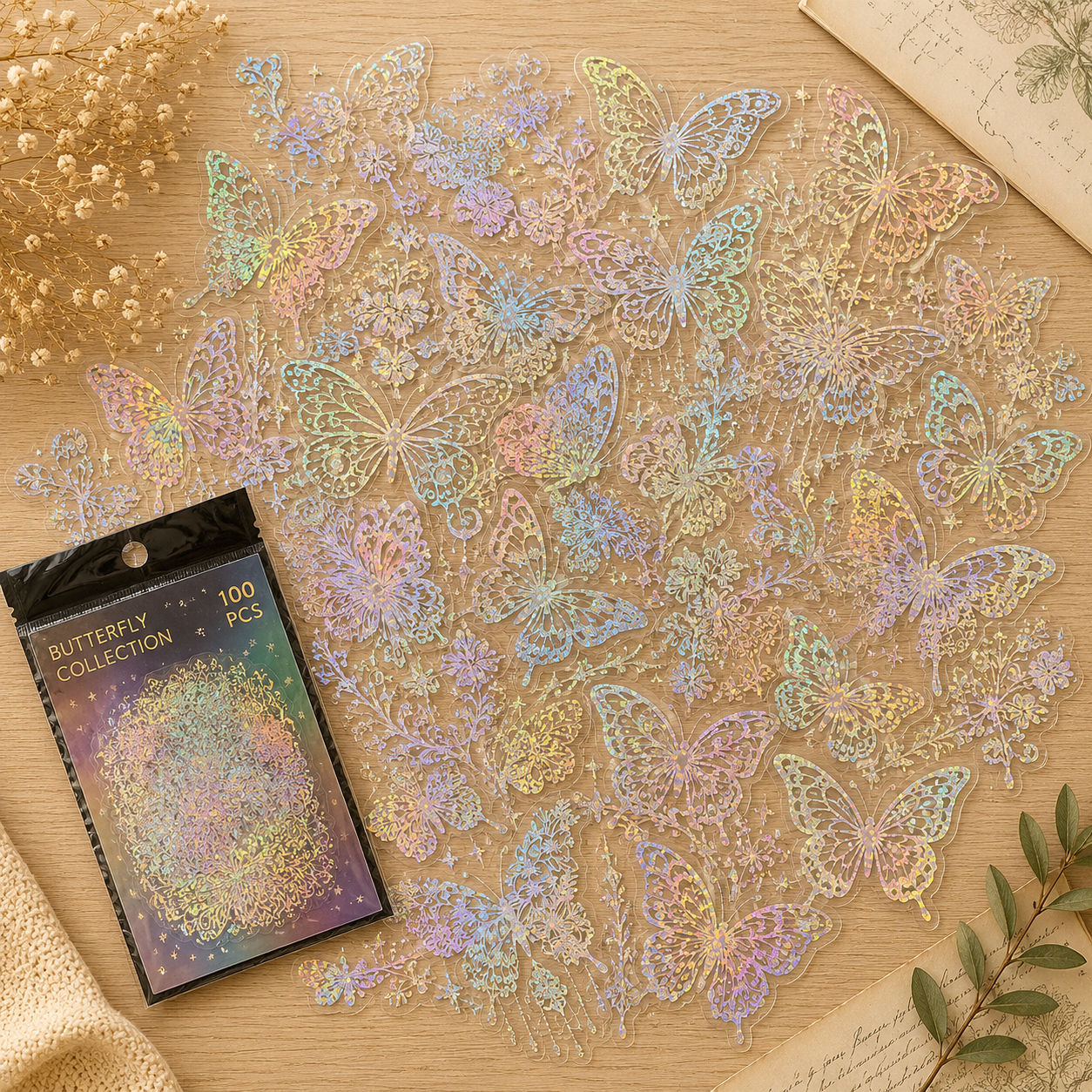 Holographic Transparent Sticker Pack | Butterfly & Planet Laser Stickers (100 Pieces)