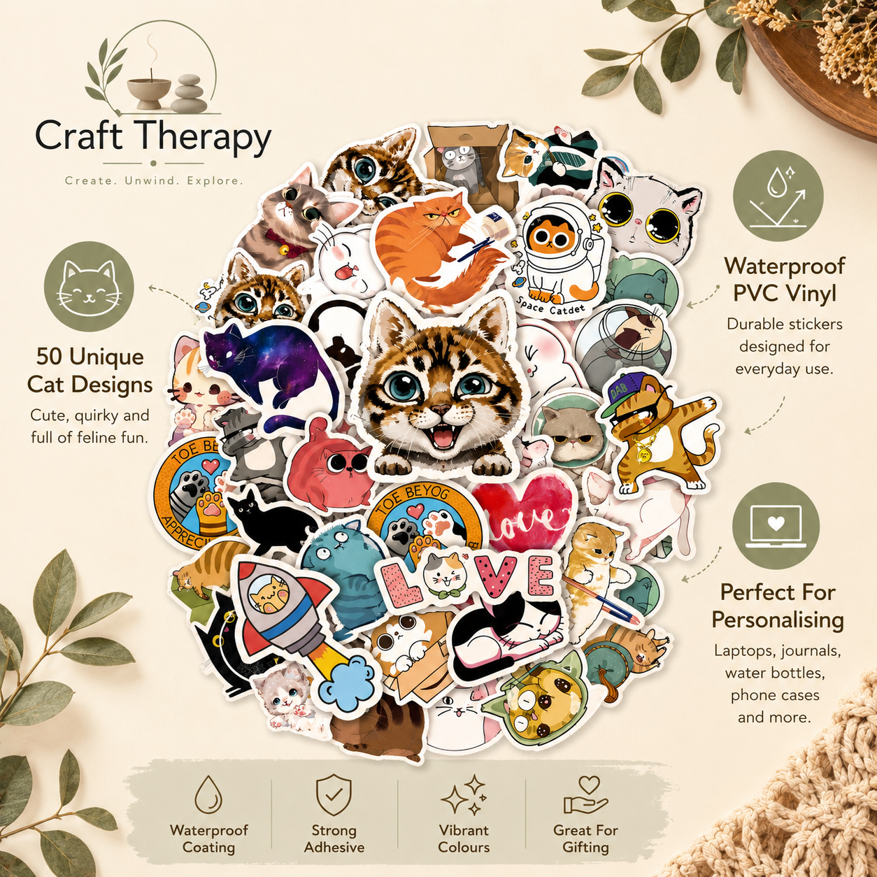 Cute Cat Adventure Waterproof Sticker Pack | 50-Piece Vinyl Sticker Set