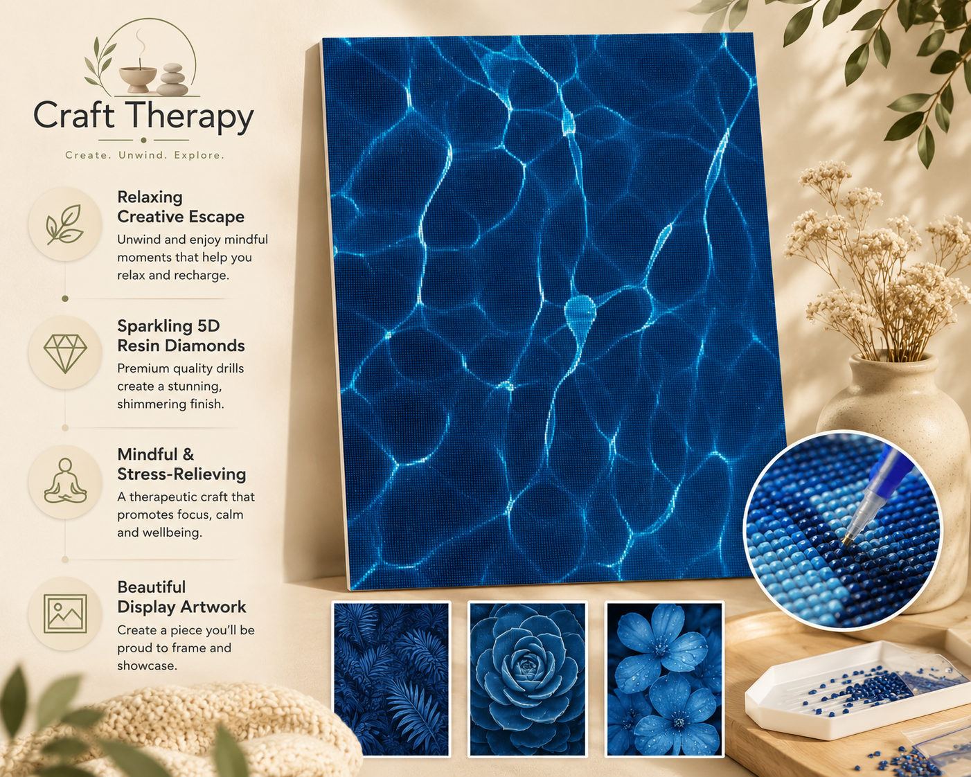 Midnight Blue Botanical Diamond Painting Kit | 5D Crystal Art Canvas