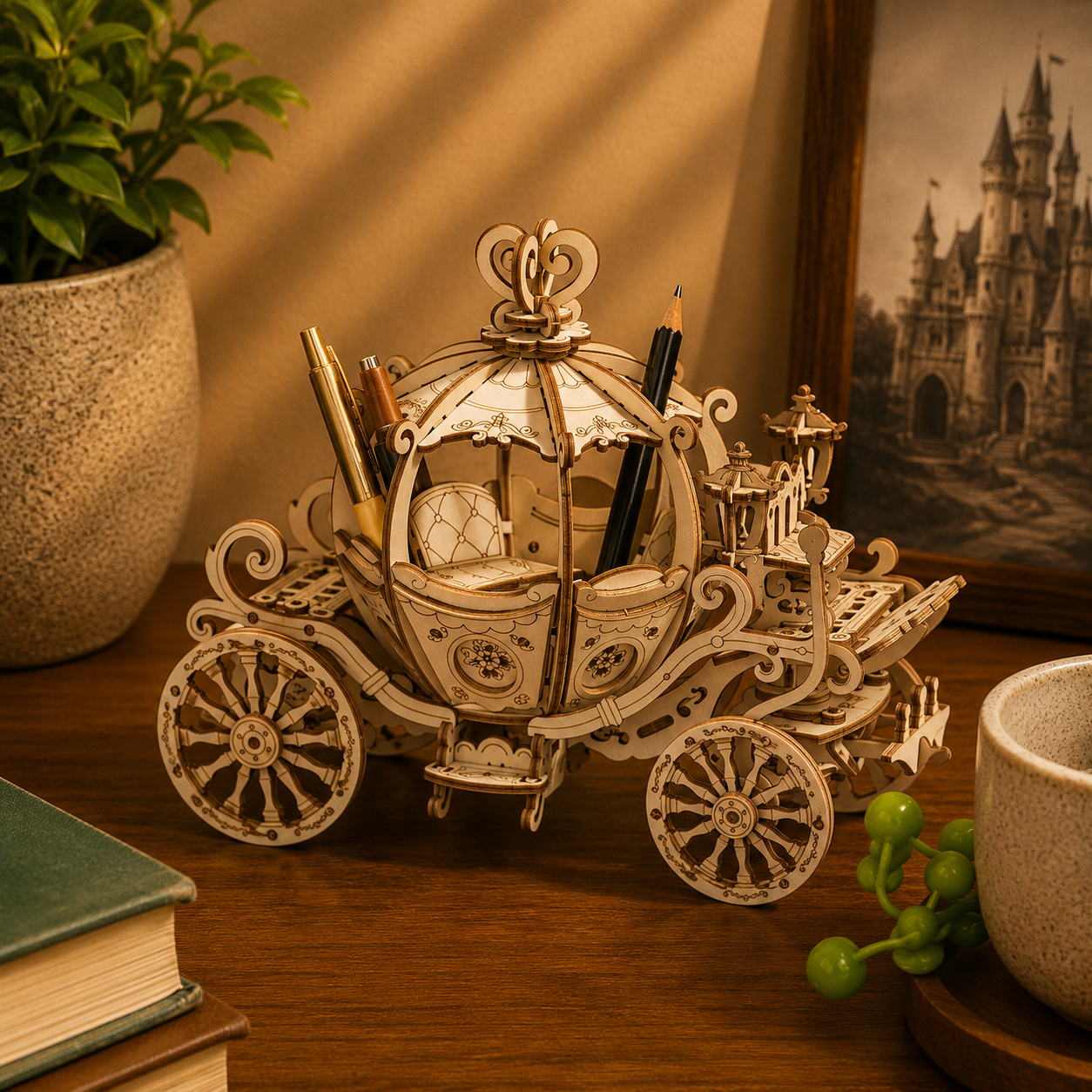 Decorative wooden coach with compartments on a wooden surface, surrounded by plants and a book.