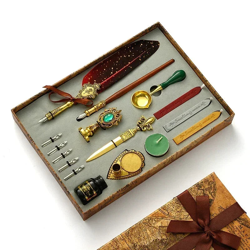Luxury Fountain Pen Set, Retro Sprinkling Feather Pens Calligraphy Writing Dip Kit with Wax Seal Stamp & Replace Nibs, Gift Box