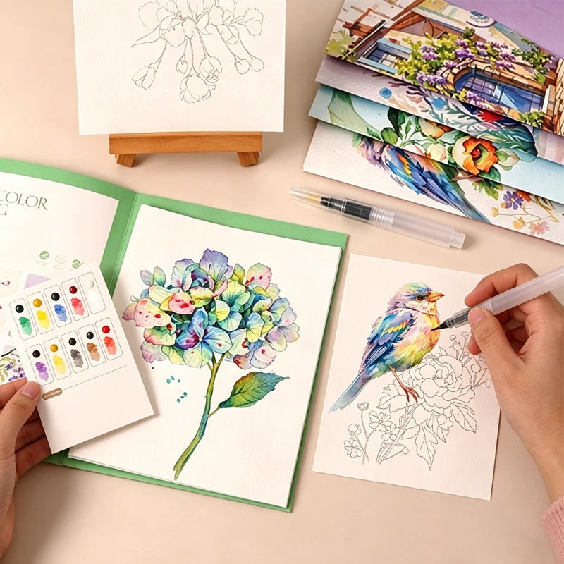 Watercolour Painting Book Kit with Water Brush Pen | Floral, Animal, Ocean & Village Themes