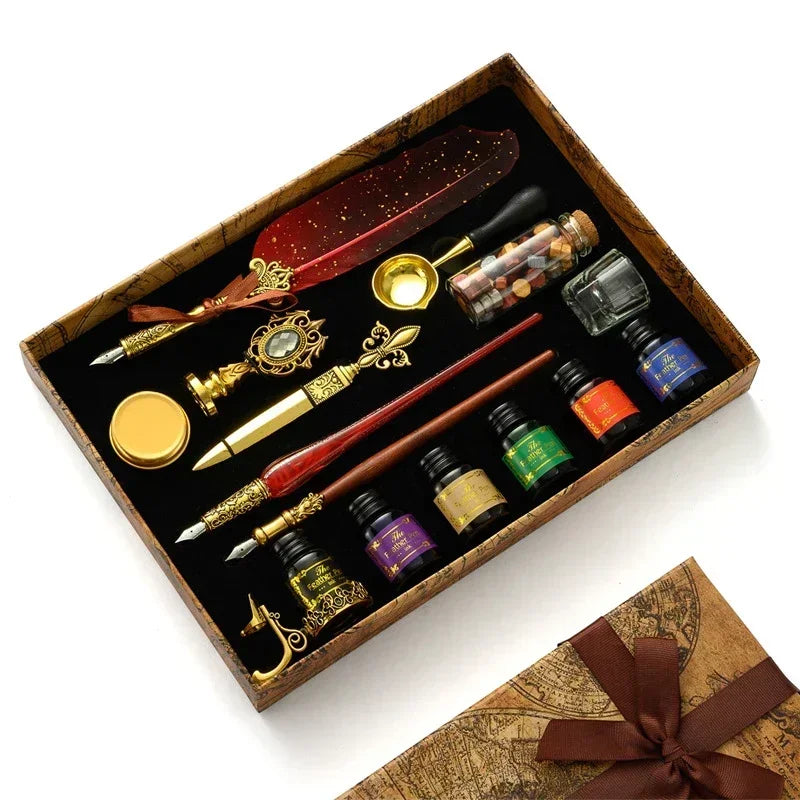 Luxury Fountain Pen Set, Retro Sprinkling Feather Pens Calligraphy Writing Dip Kit with Wax Seal Stamp & Replace Nibs, Gift Box