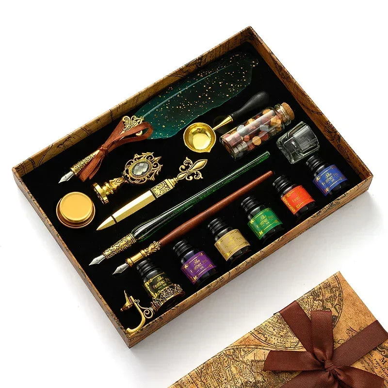 Luxury Fountain Pen Set, Retro Sprinkling Feather Pens Calligraphy Writing Dip Kit with Wax Seal Stamp & Replace Nibs, Gift Box