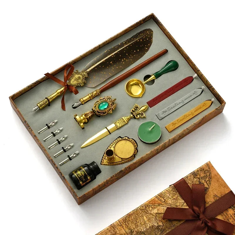 Luxury Fountain Pen Set, Retro Sprinkling Feather Pens Calligraphy Writing Dip Kit with Wax Seal Stamp & Replace Nibs, Gift Box