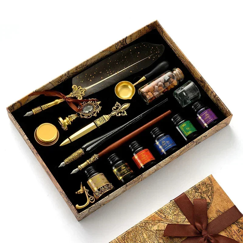 Luxury Fountain Pen Set, Retro Sprinkling Feather Pens Calligraphy Writing Dip Kit with Wax Seal Stamp & Replace Nibs, Gift Box